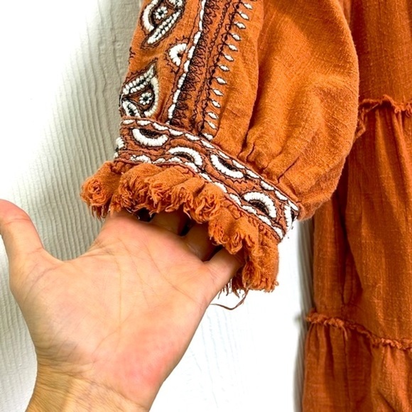 Free People - Dream Weaver Boho Frayed Terracotta 3/4 Sleeve Pocket Blouse Small - Picture 6 of 15